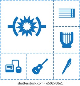 Instrument icon. set of 6 instrument filled icons such as blod pressure tool, guitar strings, guitar, pressure, harp
