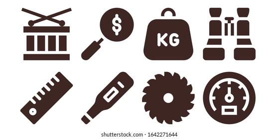 instrument icon set. 8 filled instrument icons.  Simple modern icons such as: Ruler, Drum, Thermometer, Search, Saw, Weight, Speedometer, Binoculars