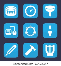 Instrument icon. set of 9 filled instrument icons such as hummer, trowel, blod pressure tool, themometer, drum, tambourine, clock, harp