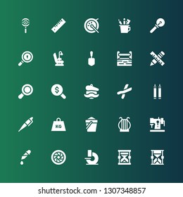 instrument icon set. Collection of 25 filled instrument icons included Hourglass, Microscope, Lens, Pipette, Sewing machine, Harp, Sand, Weight, Pen, Crayons, Cutters, Artist