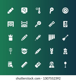 instrument icon set. Collection of 25 filled instrument icons included Shovel, Dentist, Eraser, Ruler, Search, Artist, Mercury, Flute, Saw, Vaccine, Panpipe, Pencil, Pencil case