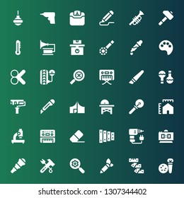 instrument icon set. Collection of 36 filled instrument icons included Tools, Measuring tape, Pencil, Search, Hammer, Telescope, Digital clock, Drill, Xylophone, Eraser, Piano