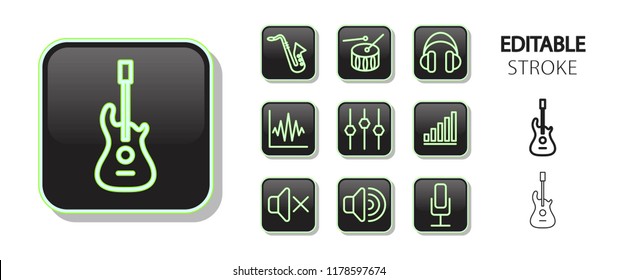 Instrument icon set. Music concept. Musical equipment buttons. Neon glossy web application icons. Editable stroke. Vector illustration.