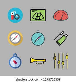 instrument icon set. vector set about air pump, levels, compass and trumpet icons set.