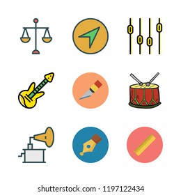 instrument icon set. vector set about electric guitar, scale, phonograph and drum icons set.