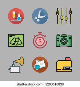 instrument icon set. vector set about drilling, scissors, flasks and camera icons set.
