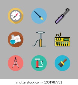 instrument icon set. vector set about compass, air pump, flask and pen icons set.