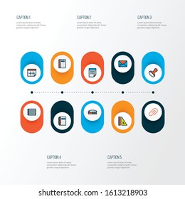 Instrument icons colored line set with stamp, clip, ruler and other measurement elements. Isolated vector illustration instrument icons.