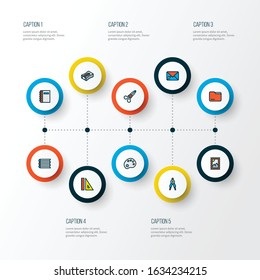 Instrument icons colored line set with scissors, folder, pencil sharpener and other sharpen elements. Isolated vector illustration instrument icons.