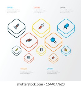 Instrument icons colored line set with vector pencil, eyedropper, scissors and other highlighter elements. Isolated vector illustration instrument icons.