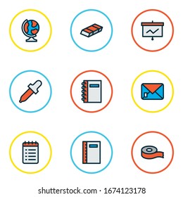 Instrumentensymbole farbige Linie gesetzt mit Wimpern, um Liste, Umschlag und andere Elemente der Checkliste zu tun. Symbole der Vektorillustration einzeln.