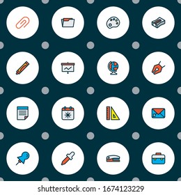 Instrument icons colored line set with presentation board, ruler, globe and other artist elements. Isolated vector illustration instrument icons.