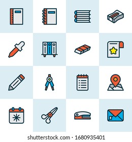 Instrument icons colored line set with day x, eraser, pencil sharpener and other shears elements. Isolated vector illustration instrument icons.