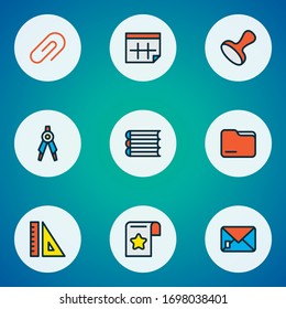 Instrument icons colored line set with clip, calendar, envelope and other paperclip elements. Isolated vector illustration instrument icons.
