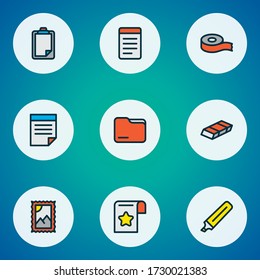 Instrument icons colored line set with bookmark, post stamp, clipboard and other survey elements. Isolated vector illustration instrument icons.