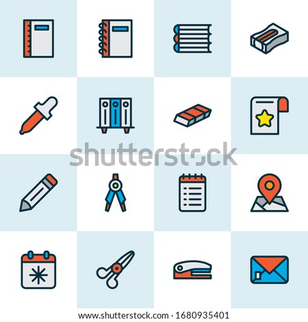 Instrument icons colored line set with day x, eraser, pencil sharpener and other shears elements. Isolated vector illustration instrument icons.