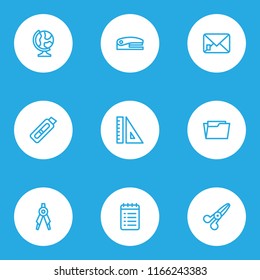 Instrument icons line style set with scissors, envelope, drawing compass and other measurement elements. Isolated vector illustration instrument icons.