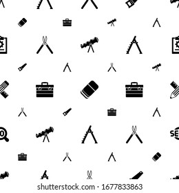 instrument icons pattern seamless. Included editable filled telescope, Eraser, Hand saw, Gardening scissors, toolbox, stepladder, Pencil & ruler icons. instrument icons for web and mobile.