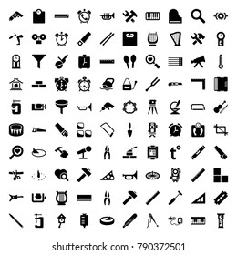 Instrument icons. set of 100 editable filled instrument icons such as alarm, brick wall, ruler, triangle ruler, level equipment, thermometer, razor, saw, nippers, drill
