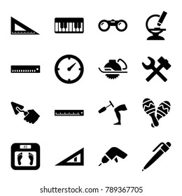 Instrument icons. set of 16 editable filled instrument icons such as floor scales, drill, electric saw, ruler, wrench hummer, microscope, knee hammer reaction check, maraca