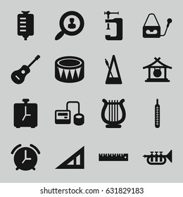 Instrument icons set. set of 16 instrument filled icons such as gong, triangle ruler, vice clamp, blod pressure tool, drop counter, microphone, thermometer, guitar, drum