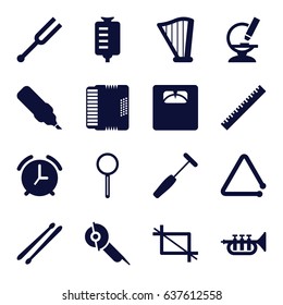 Instrument icons set. set of 16 instrument filled icons such as ruler, electric saw, floor scales, drop counter, microscope, magnifier, medical hammer, tonometer, harp