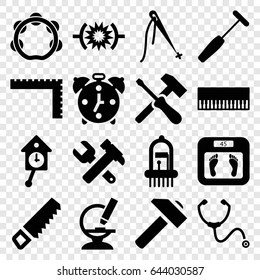 Instrument icons set. set of 16 instrument filled icons such as ruler, floor scales, saw, hammer and wrench, microscope, stethoscope, medical hammer