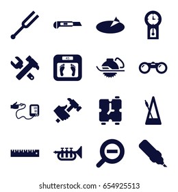 Instrument icons set. set of 16 instrument filled icons such as floor scales, hummer and wrench, electric saw, hummer, cutter, blood pressure, tonometer, metronome, trumpet
