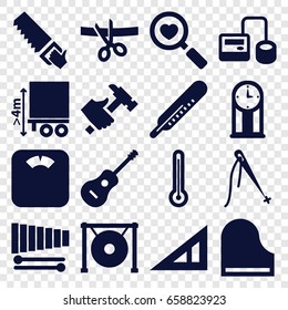 Instrument icons set. set of 16 instrument filled icons such as triangle ruler, thermometer, saw, hummer, blod pressure tool, cargo height, heart search, xylophone, piano