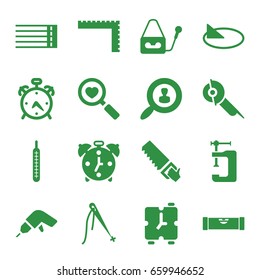 Instrument icons set. set of 16 instrument filled icons such as alarm, level ruler, ruler, drill, saw, vice clamp, electric saw, heart search, microphone, thermometer