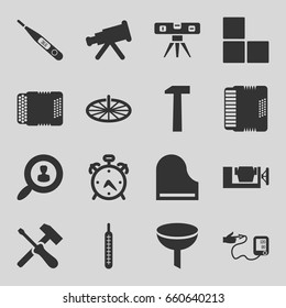 Instrument icons set. set of 16 instrument filled icons such as alarm, brick wall, vice clamp, level ruler, thermometer, blood pressure, piano, harmonic, user search, hummer