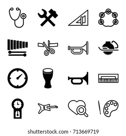 Instrument icons set. set of 16 instrument filled and outline icons such as electric saw, xylophone, drum, clock, pendulum, triangle ruler, stethoscope, heart search