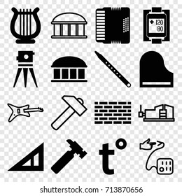 Instrument icons set. set of 16 instrument filled and outline icons such as triangle ruler, observatory, hummer, theodolite, blood pressure measure, piano, musical pipe