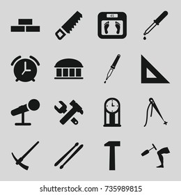 Instrument icons set. set of 16 instrument filled icons such as brick wall, observatory, floor scales, saw, hummer and wrench, pipette, knee hammer reaction check, drum stick