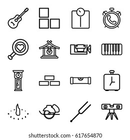 Instrument icons set. set of 16 instrument outline icons such as alarm, brick wall, gong, level ruler, vice clamp, electric saw, piano, tonometer, guitar, sundial, pendulum