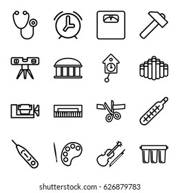 Instrument icons set. set of 16 instrument outline icons such as observatory, hummer, vice clamp, level ruler, stethoscope, floor scales, thermometer, harmonica, violin