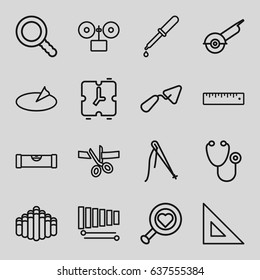 Instrument icons set. set of 16 instrument outline icons such as level ruler, trowel, electric saw, stethoscope, pipette, xylophone, harmonica, ruler, search, sundial, alarm