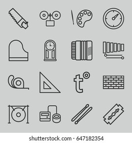 Instrument icons set. set of 16 instrument outline icons such as razor, saw, tape, blod pressure tool, xylophone, piano, harmonic, gong, drum stick, temperature, clock