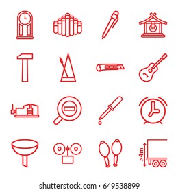 Instrument icons set. set of 16 instrument outline icons such as gong, vice clamp, pipette, cargo height, guitar, maracas, harmonica, metronome, cutter, zoom out, hummer