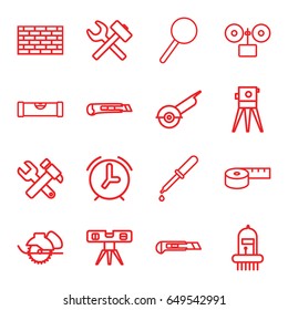 Instrument icons set. set of 16 instrument outline icons such as level ruler, hummer and wrench, theodolite, electric saw, cutter, pipette, magnifier, musical instrument