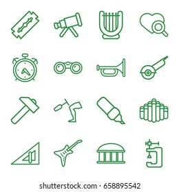 Instrument icons set. set of 16 instrument outline icons such as alarm, triangle ruler, observatory, razor, hummer, vice clamp, electric saw, heart search