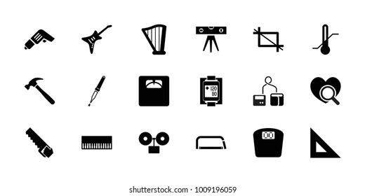 Instrument icons. set of 18 editable filled instrument icons: ruler, piano, floor scales, thermometer, pipette, blood pressure measure, harp, guitar, crop, alarm, hummer