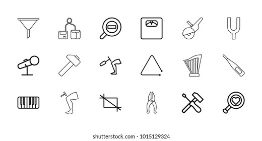 Instrument icons. set of 18 editable outline instrument icons: heart search, floor scales, knee hammer reaction check, piano, triangle musical instrument, screwdriver