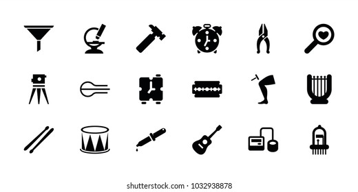 Instrument icons. set of 18 editable filled instrument icons: hummer, theodolite, harp, blod pressure tool, microscope, drum stick, musical instrument, alarm, razor, nippers