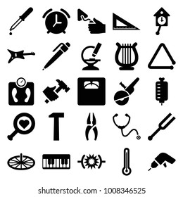 Instrument icons. set of 25 editable filled instrument icons such as nippers, drill, trowel, hummer, guitar, heart search, pipette, floor scales, pressure, microscope