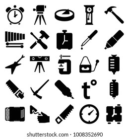 Instrument icons. set of 25 editable filled instrument icons such as saw, trowel, pen, pipette, drop counter, microphone, xylophone, harmonic, screwdriver, temperature, clock