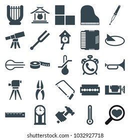 Instrument icons. set of 25 editable filled instrument icons such as alarm, brick wall, nippers, vice clamp, hacksaw, hummer, harp, pipette, tonometer, harmonic, ruler