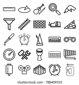 Instrument icons. set of 25 editable outline instrument icons such as drill, vice clamp, filter, piano, pipette, drop counter, heart search, xylophone, harmonica, drum stick