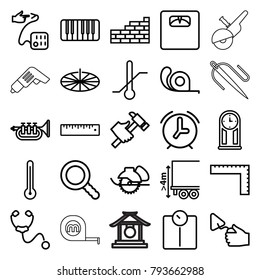 Instrument icons. set of 25 editable outline instrument icons such as ruler, trowel, electric saw, tape, hummer, floor scale, floor scales, thermometer, cargo height