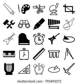 Instrument icons. set of 25 editable filled and outline instrument icons such as palette, harp, xylophone, piano, guitar, crop, sundial, triangle ruler, sewing, binoculars
